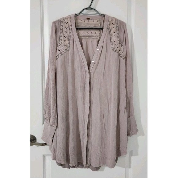 FREE PEOPLE Courtney Victorian Shirt Dress Eyelet Lace High Low Boho Size S - Picture 3 of 14